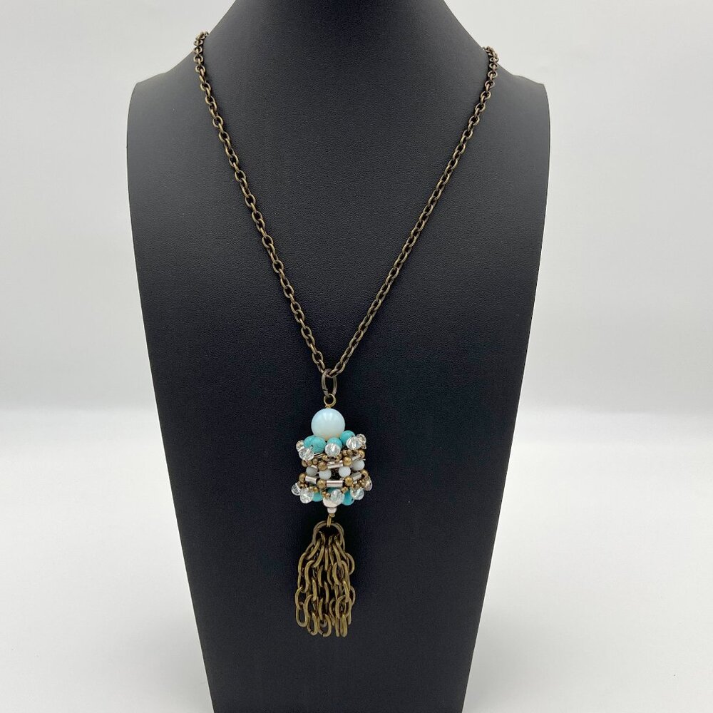 Pam Hiran (Anthropologie) Necklace with Blue and Clear Beaded Pendant, Brasstone